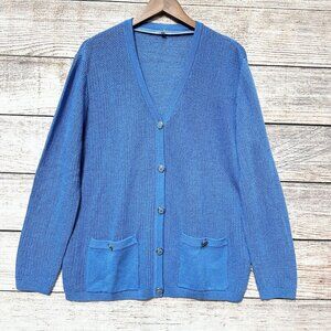 St John Blue Knit Cardigan Sweater Womens Button Front Pockets Size L Made USA